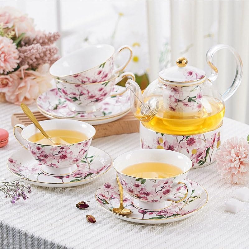 Ceramic Flower Teapot Heat Resistant Afternoon Camellia Tea Cups Sets with Filter Kits