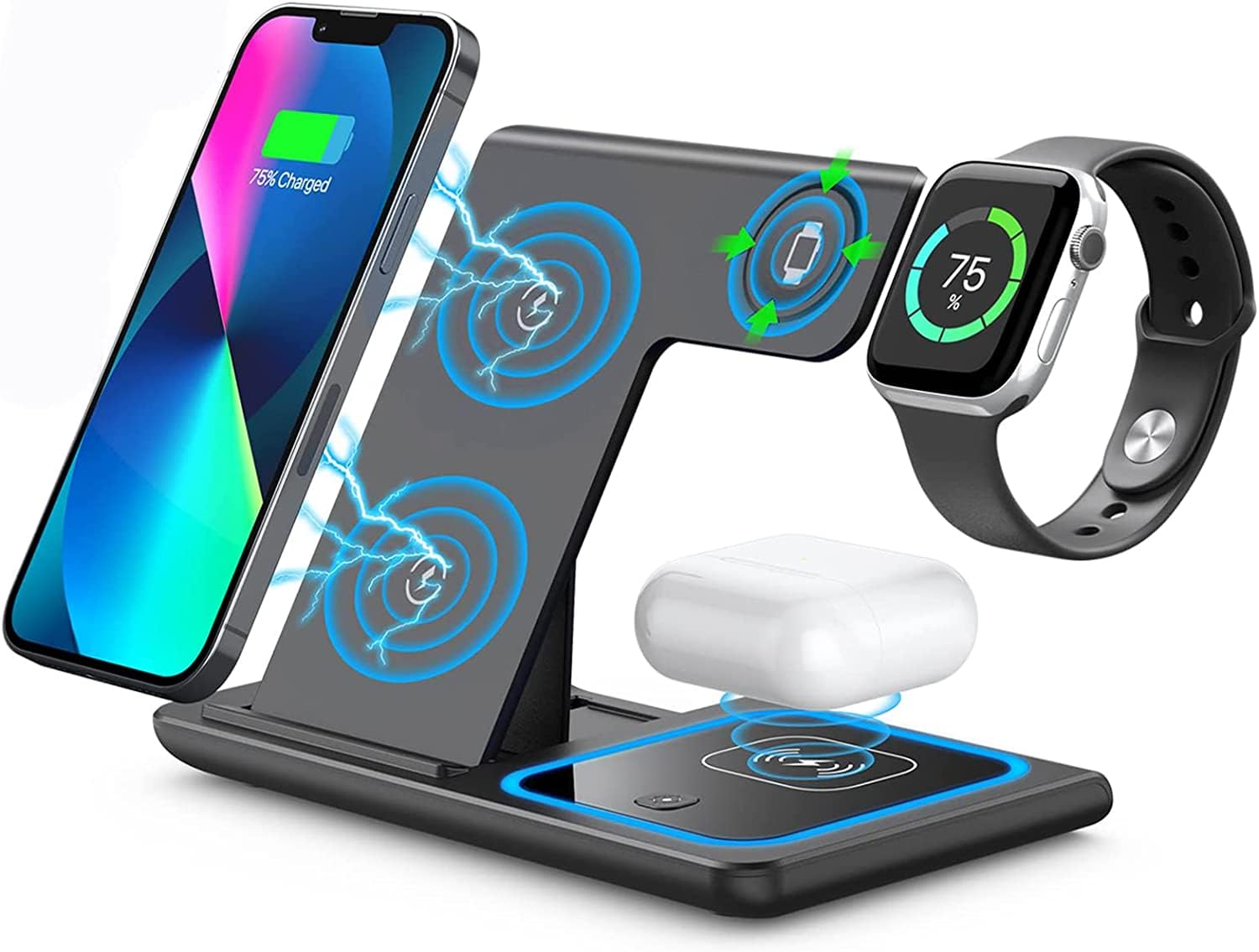 Wireless Charger-3 in 1 Charging Station with Foldable Fast Wireless Stand Compatible with iPhone Cable for iPhone 14/13/12/11 Pro/XS, Air Pods 3/2/1/pro, iWatch Series, Samsung and Qi-Certified Phone
