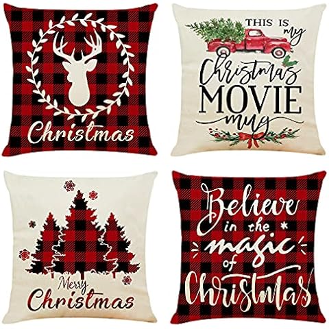 OYIMUA Cushion Covers 20x20 Inches Set of 4 Christmas Check Decorative Cushion Covers 50cm x 50cm Buffalo Plaid Farmhouse Linen Cushion Cover for Sofa Cover