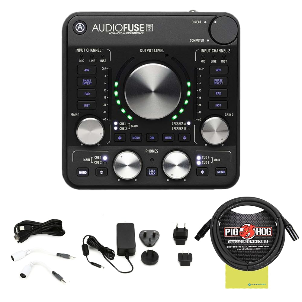 Arturia AudioFuse Compact, Versatile Audio Interface, Black Bundle w/Pig Hog PHM10 8mm XLR Microphone Cable and Liquid Audio Polishing Cloth