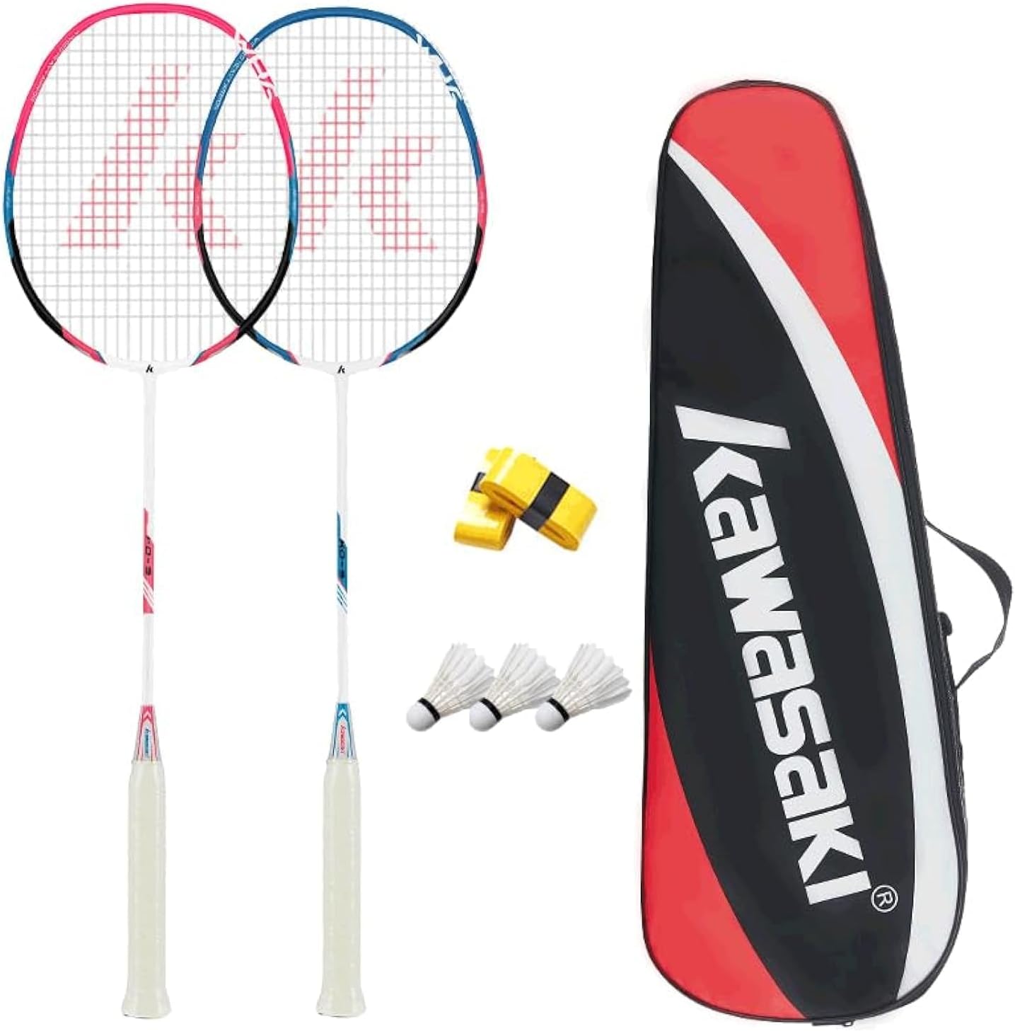 Kawasaki Badminton Rackets, Professional Graphite Shaft Badminton Set of 2 for Backyard, with 2 Lightweight Carbon Badminton Racquets/3 Badminton Shuttlecocks/2 Racquet Overgrips/1 Carry Bag Red/Blue