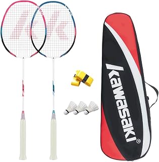 Kawasaki KD-3 Professional Carbon Fiber Badminton Racket Set of 2 - Lightweight Graphite Shaft, 3 Shuttlecocks, Overgrips & Carry Bag for Family Backyard Play