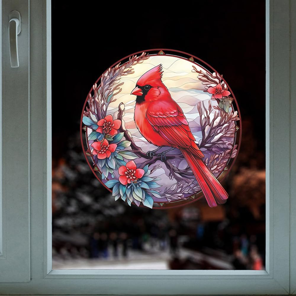 Cardinal Bird Wall Stickers, Cartoon Red Birds on Flowers, Waterproof Self-Adhesive Decals for Home (Round)