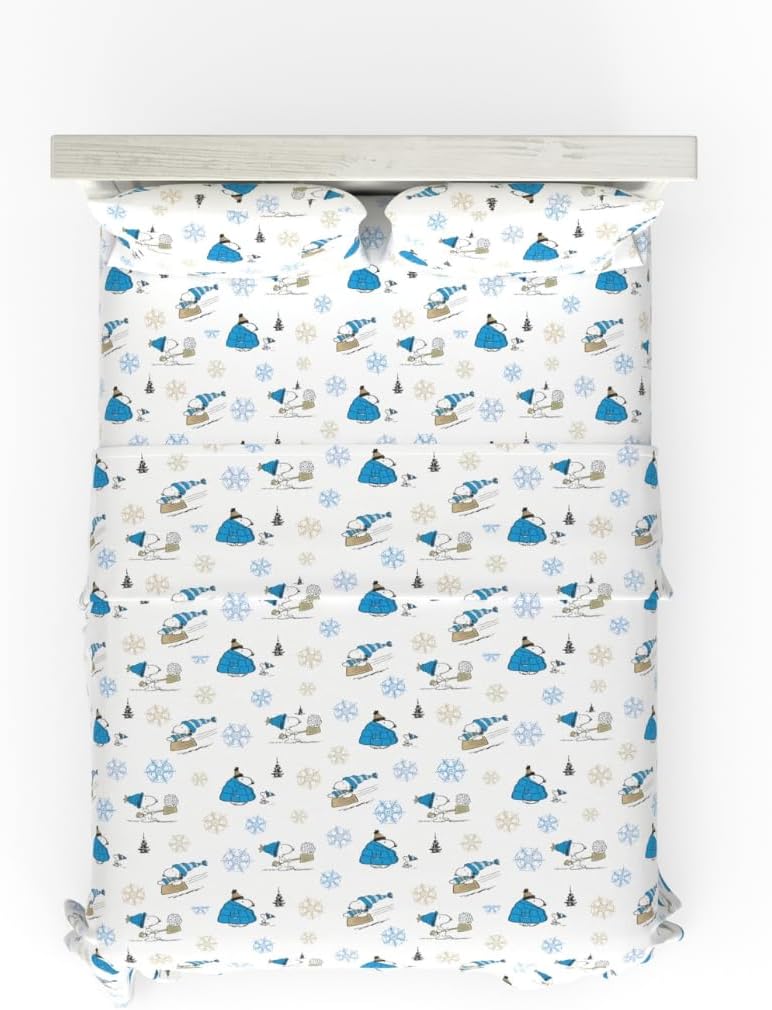 Franco Peanuts Snoopy Puffer Coat Holiday & Christmas Bedding Super Soft 100% Cotton Flannel Sheet Set, Queen, (Officially Licensed Product)