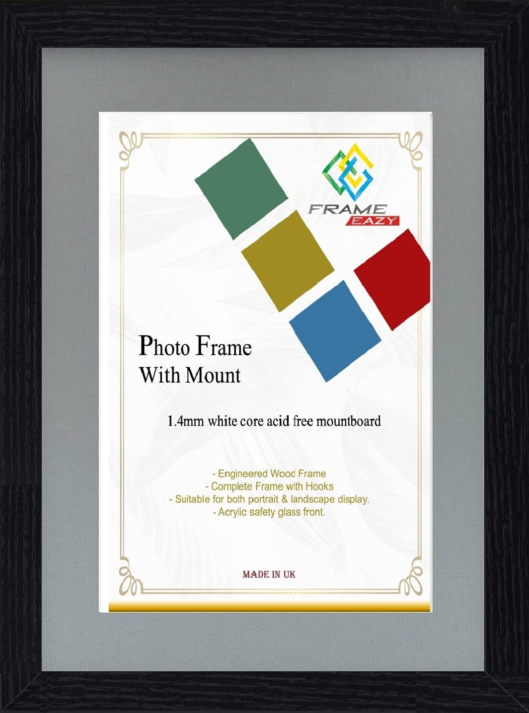 Frame Eazy Black Frame Grey Mount Modern Black Photo Picture Frame Poster Certificate Frames With Grey Mount – A3 For A4 Picture