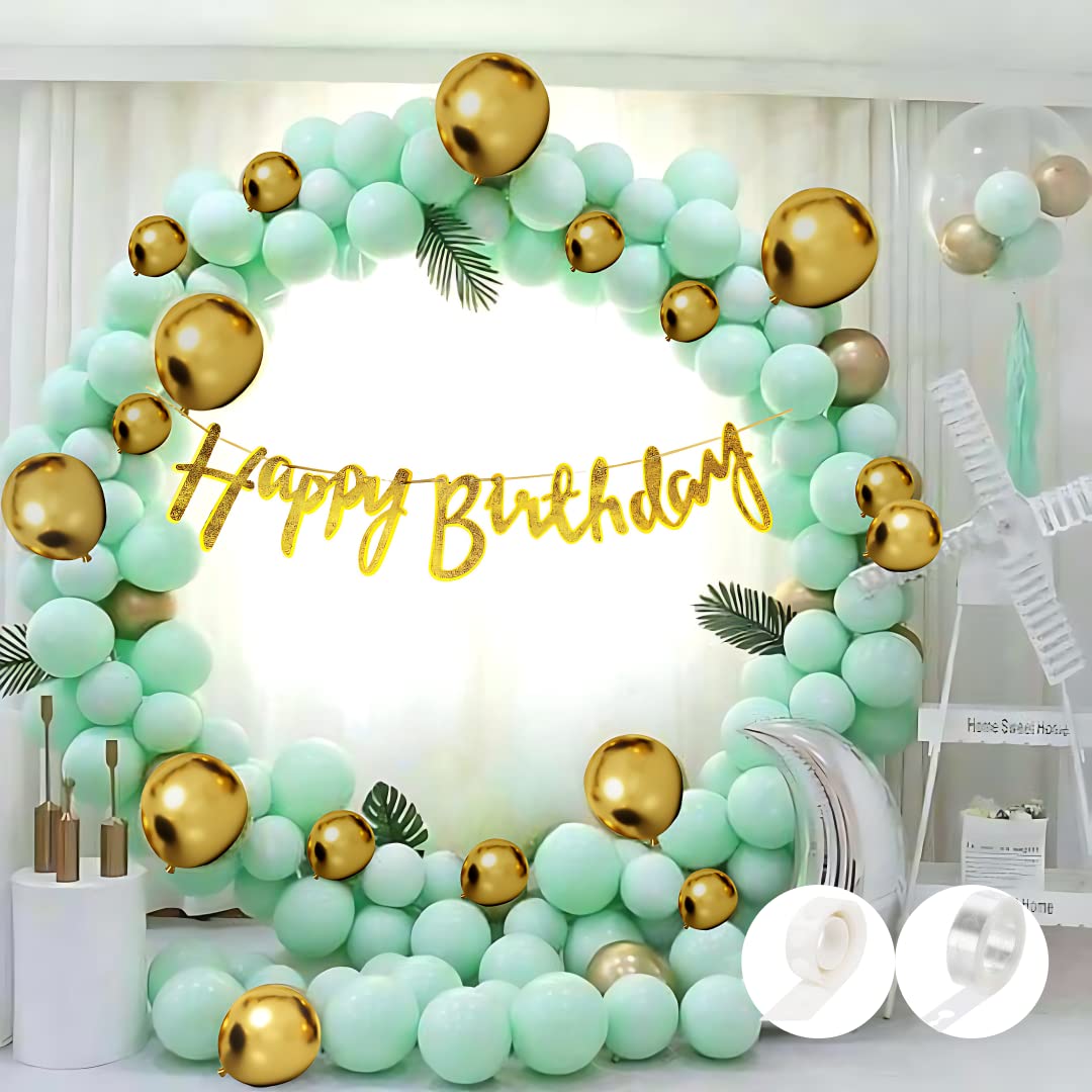 53pcs set of Birthday decoration items with Sparkle Golden Happy birthday Banner, Mint Green Pastel/Macron Balloons. Golden Chrome balloons,Glue dots,arch strip for balloons
