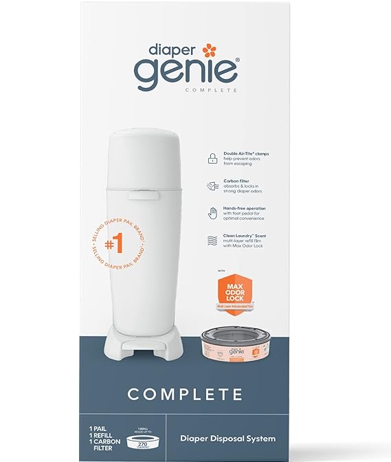 Diaper Genie Complete Diaper Pail (White) with Antimicrobial Odor Control Includes