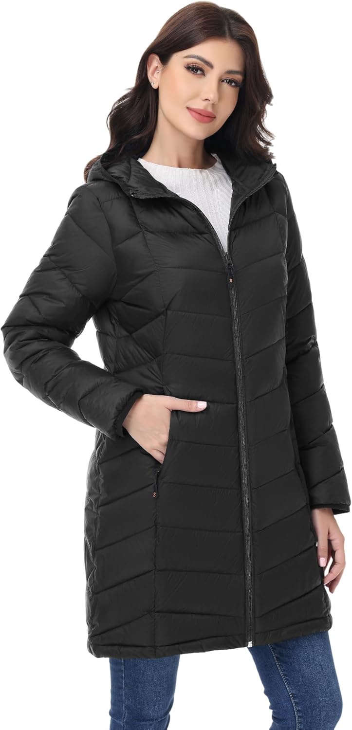 SLOW DOWN Womens Lightweight Puffer Coat, Women Hooded Packable Mid-Length Winter puffer Jacket - Image 2
