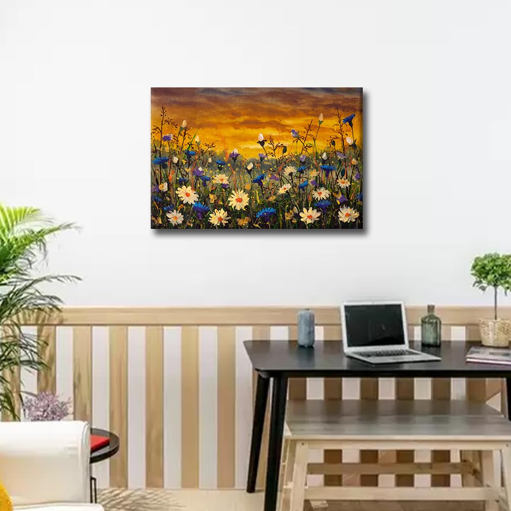 TISHIRON Wall Art Canvas Prints,White and Blue Cornflowers Oil Paintings Prints Landscape Impressionism Artwork Daisies Flowers Framed for Living Room Bedroom Home Decor 16x24 in - Image 2