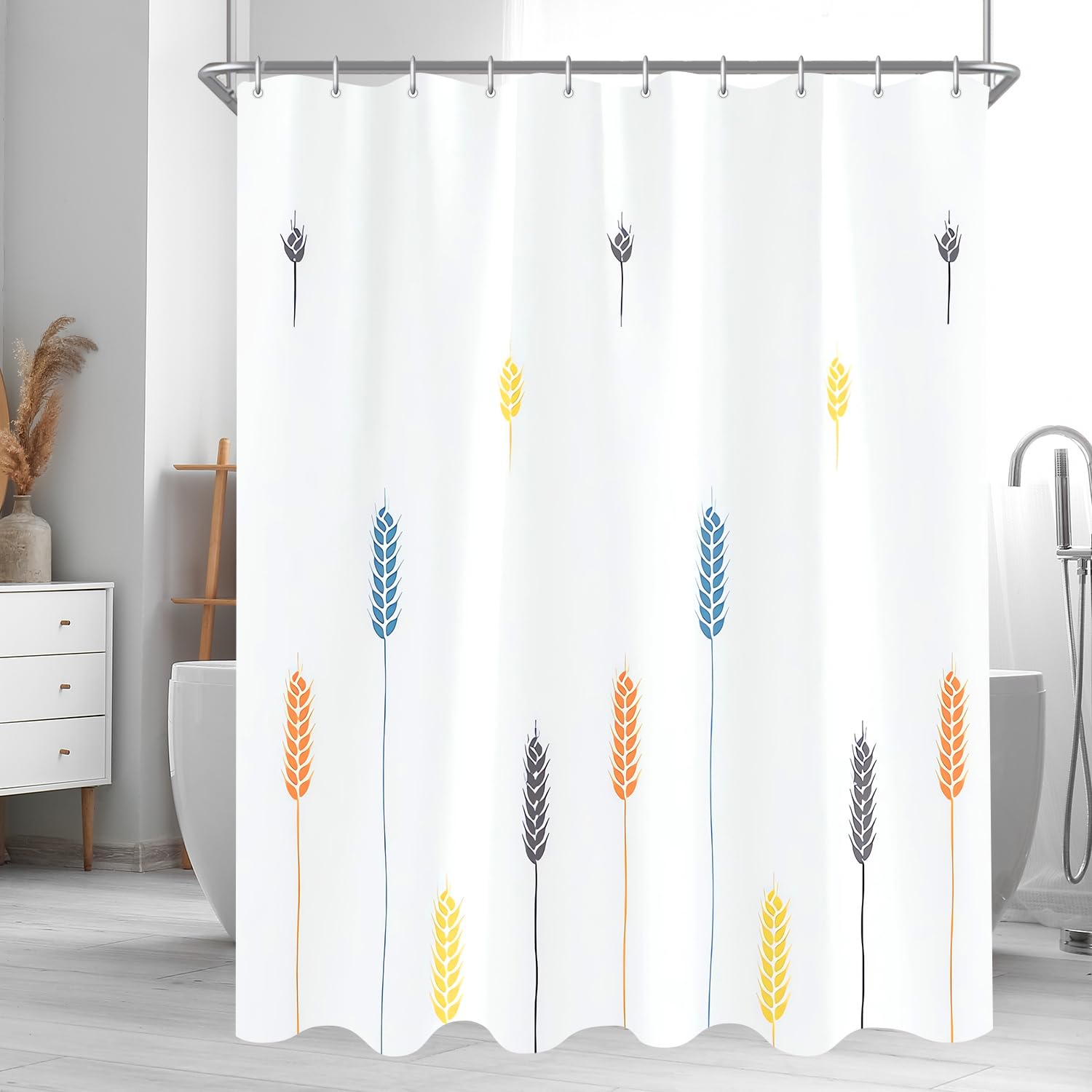 Lerores Shower Curtain, 180 x 180 cm, Colourful Wheat Ears, Weighted Hem, Anti-Mould Textile, Water-Repellent
