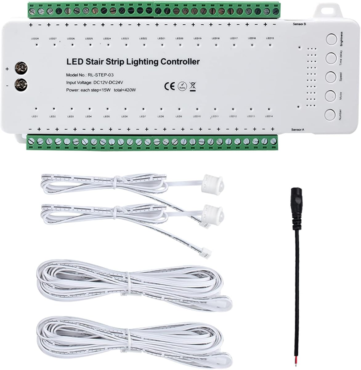 LED-Treppenstufenbeleuchtung Controller mit Bewegungsmelder,28 Stufen Treppenlichtsteuerung LED-Treppenlicht-Controller