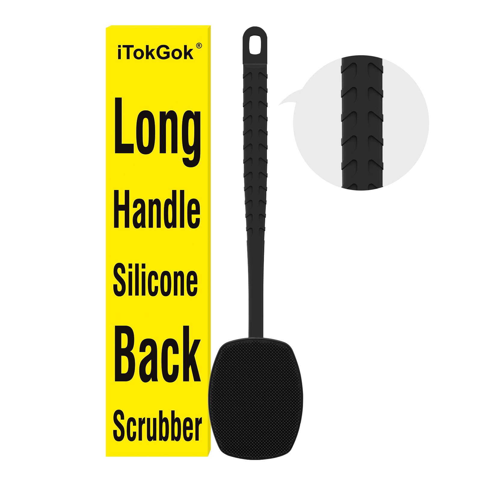 iTokGoK® All New Premium Silicone Back Scrubber with Tire Anti-Slip Long Handle for Shower, Gentle Exfoliating and Massage Brush Scrubber for Sensitive Skin for Men and Women (Black)