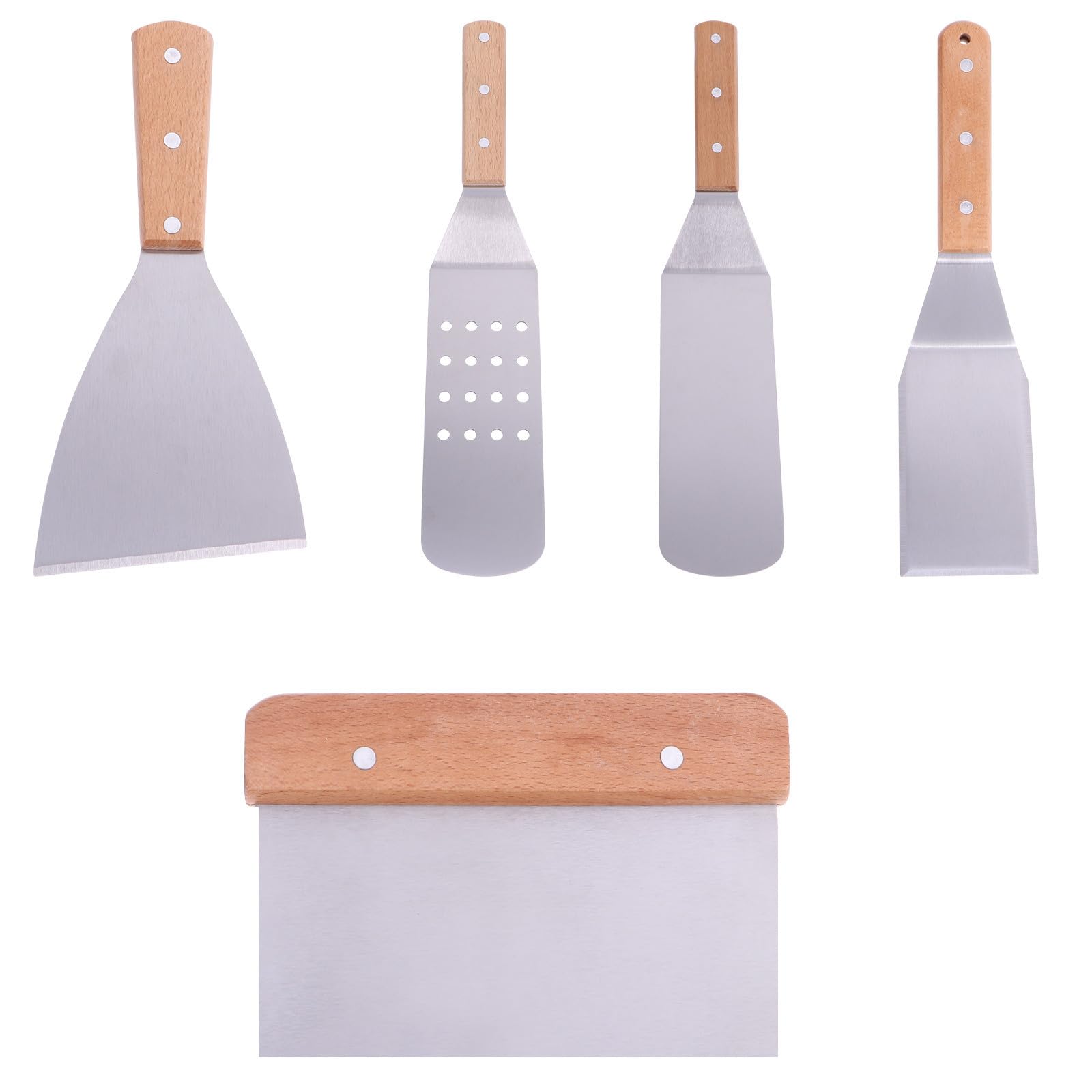 Espátulas de Cocina Resistentes al Calor Mango de Madera y Acero Inoxidable Juego de 5 Ideales para Pizza y Freír Cocina
