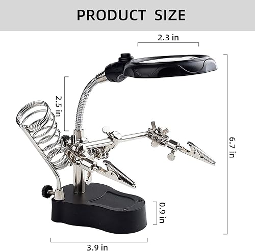 Miniatura 9 de Estación de lupa de soldadura con luz LED, soporte profesional de lupa de 3.5 x 12 x con clips de cocodrilo para soldar, fabricación e inspección de