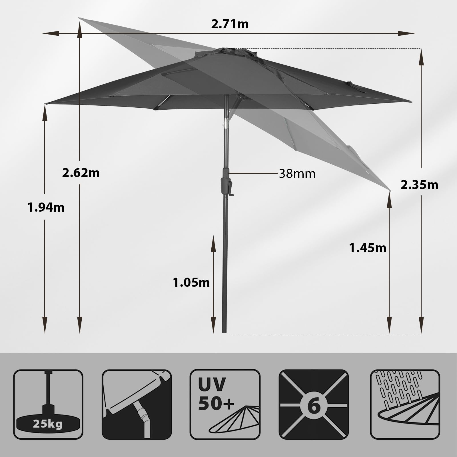 Sekey® Ombrellone da 270 cm, con manovella e ribaltabile per auto, per terrazza, balcone e giardino, resistente al vento, stabile UPF 50+, grigio, rotondo