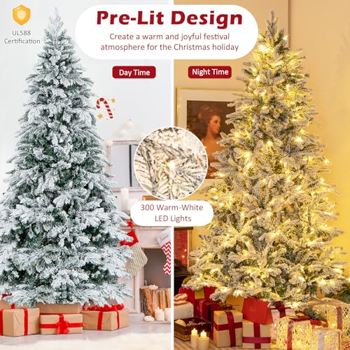 Image of Goplus 7ft Pre-Lit Snow Flocked Christmas Tree, Artificial Hinged Xmas Tree with 1687 Branch Tips, PE & PVC Mixed Leaves, 300 Warm-White LED Lights, Foldable Metal Base, for Home Office Holiday Decor