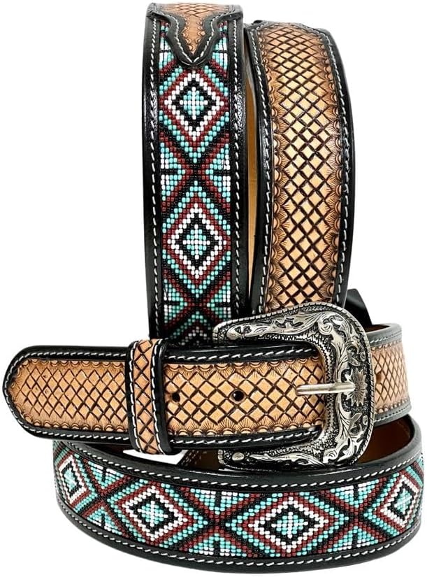Affilare Western Tooled Leather Beaded Belt with Removable Buckle Heavy Duty Rodeo Style Belt 30IS101