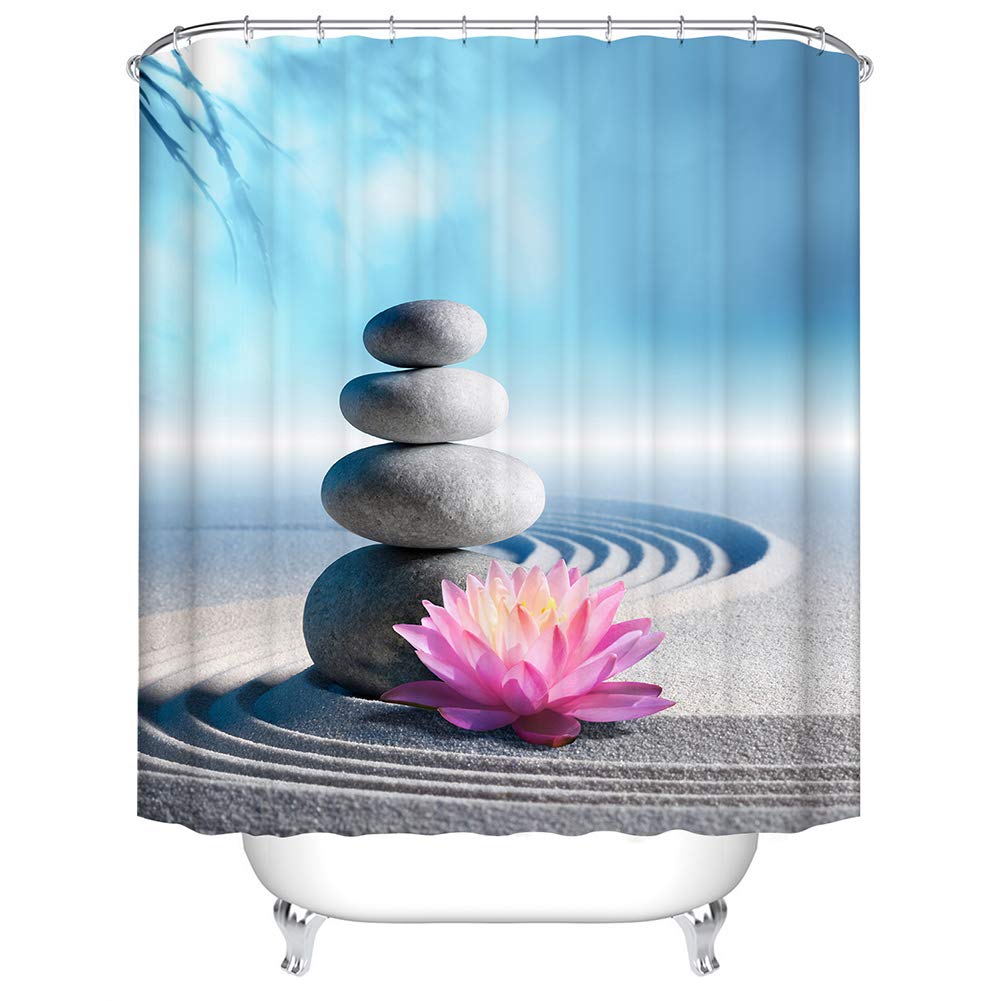 BOYOUTH Zen Stone and Pink Lotus Flowers Pattern Digital Print Shower Curtains for Bathroom Decor,Polyester Waterproof Fabric Bath Curtain with 12 Hooks,70x78 Inches,Multicolor