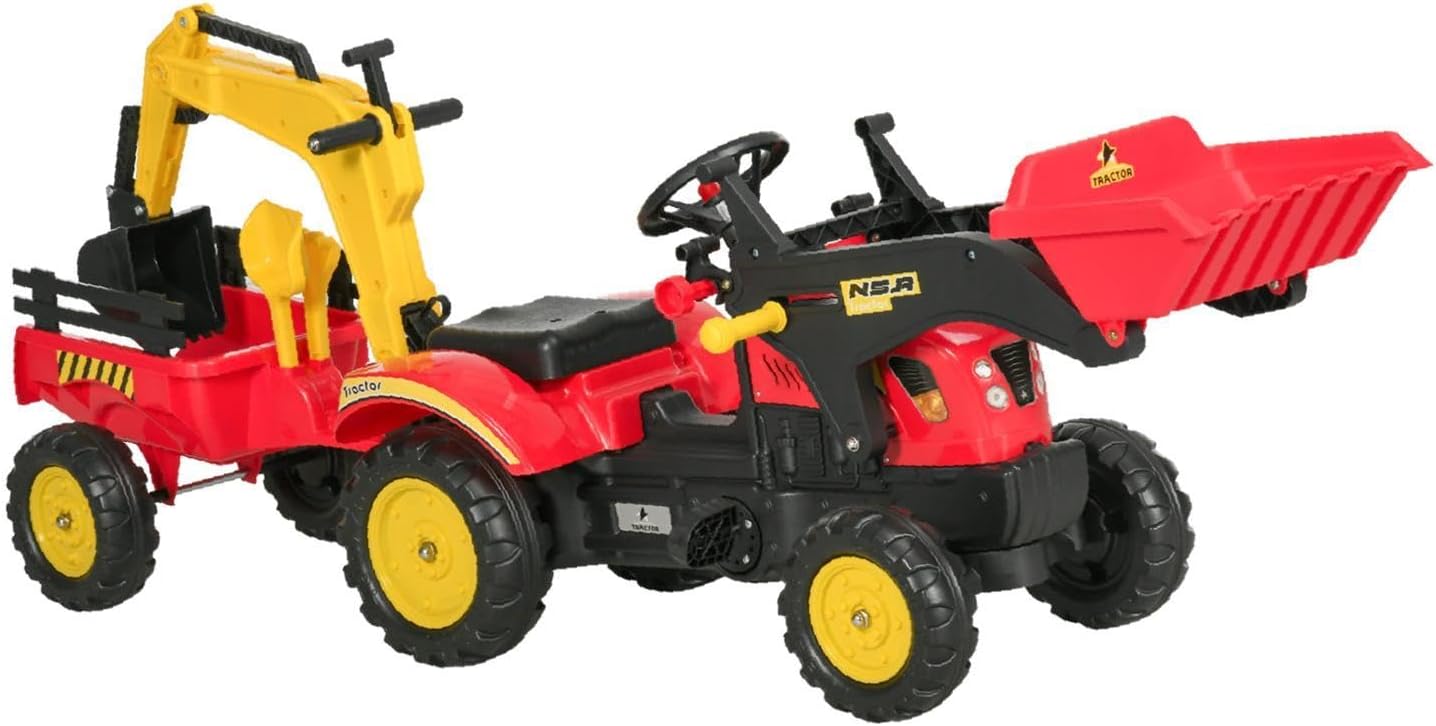 3 In1 on/Bulldozer, Pedal Car Digger Toy Move Forward/Back with 6 Wheels and Detachable Cargo Trailer
