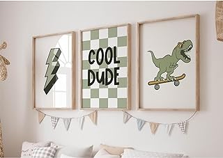 Nursery Dinosaur Wall Art Set of 3 Boys Room Canvas Decor Toddler Kids Art Prints Dinosaur Skateboard Pictures Poster Boys Dino Artwork Decor for Bedroom 12x16 Inch Unframed