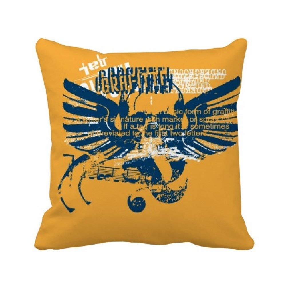 Coussin Oreiller Crâne Bleu Ailes Orange 40x40, Housse Déco Canapé Graffiti