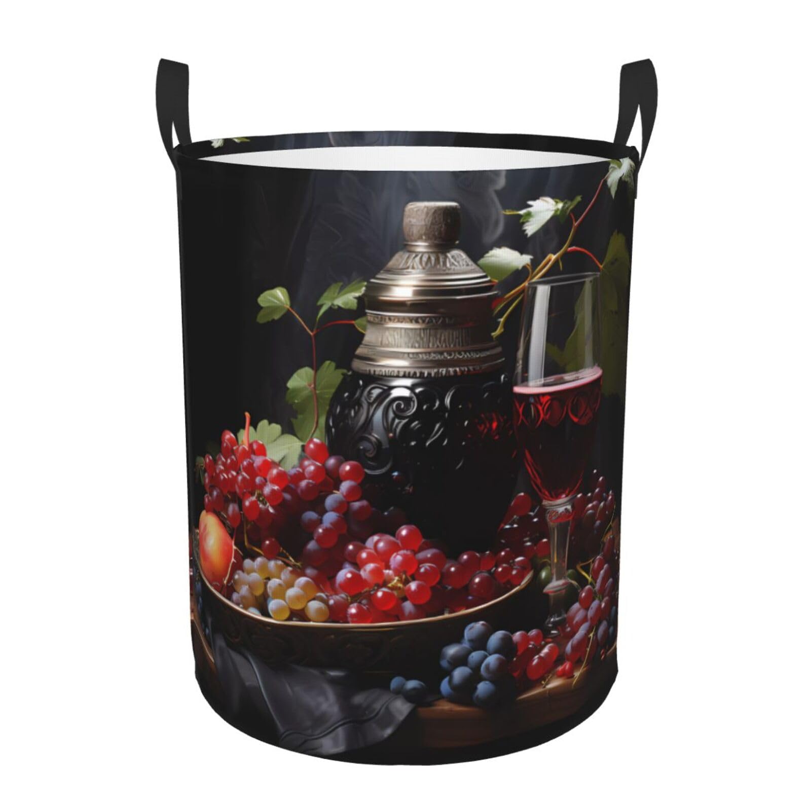 M Collapsible Grapes and Wine Print Circular Hamper Round