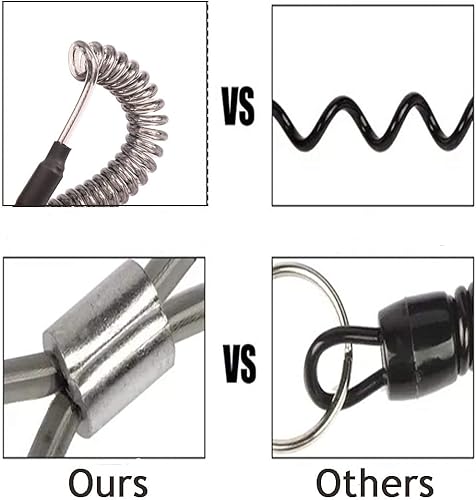 Miniatura 7 de Cordón de pesca (7 piezas) de seguridad retráctil en espiral con mosquetón y anillo dividido para alicates, navegación, herramientas (negro)