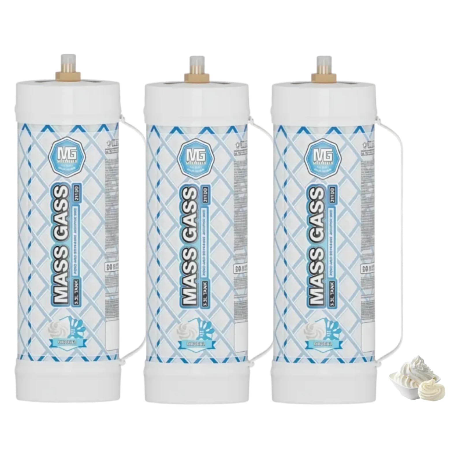 MassGass Whipped Cream Chargers, 3.3L Tanks, 2112g Whip Cream Charger Cylinder Unflavored Food Grade 99.99% Pure(3 Cylinders)