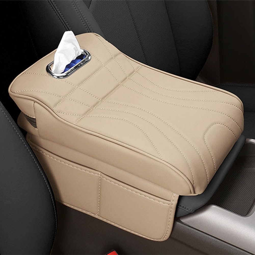 Mkwgzpgw Beige Car Armrest Cushion For Jaguar F-Pace 2016-2021, Leather Armrest Protector, Memory Foam Armrest Box, Center Console Cushion Pad With Tissue Box Hole,-Large