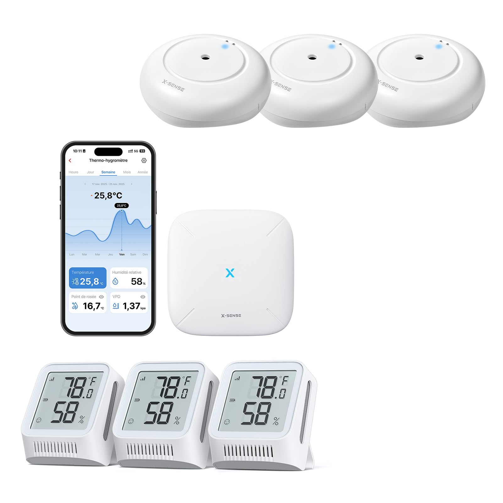 X-Sense Thermomètre-Hygromètre Wi-Fi avec Station de Base SBS50 STH0A31 et Détecteur de Fuite d’Eau Wi-Fi SWS51, Lot de 3