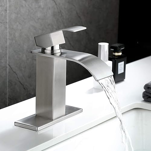 Miniatura 2 de Ntipox Grifo de baño con boquilla de cascada de níquel cepillado, grifo de lavabo de lavabo de una sola manija, grifo mezclador de lavabo de RV