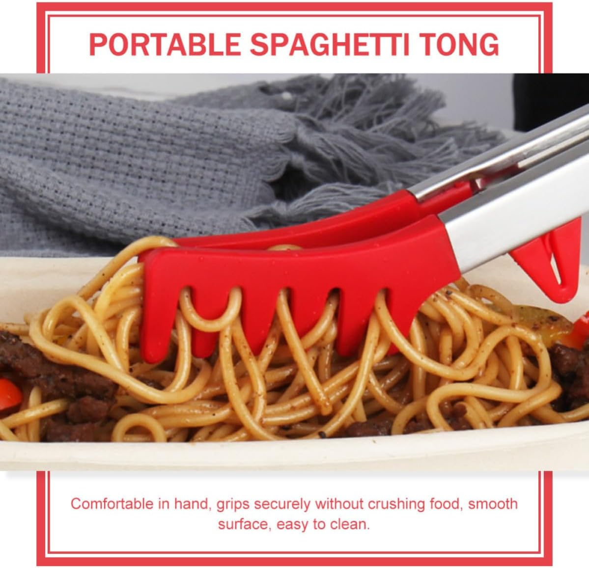 Silicone Food Tongs for Pasta, Stainless Steel and Silicone Red