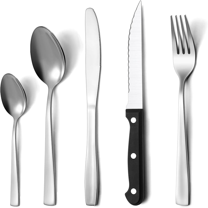 Pleafind 30 részes rozsdamentes evőeszköz készlet 6 személyre, steak késsel