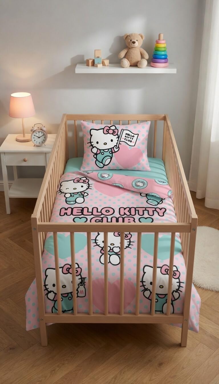 Hello Kitty Club Housse de Couette Bébé 100x135 + Taie 40x60 Rose Bleu | Parure de lit bébé réversible | Coton naturel doux respirant Oeko-Tex | Sanrio | Fille 0-3 ans | Lit à barreaux