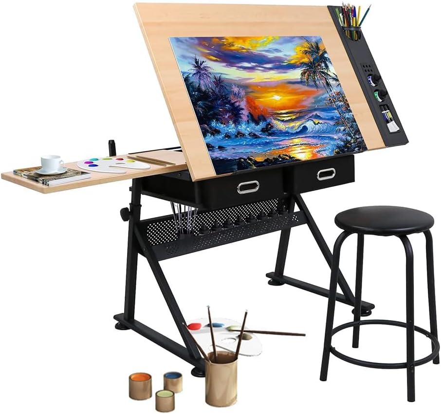 HCLSHOP Drawing Tables for Artists,Height Angle Adjustable Drafting Table with Stools 2 Drawers Craft Table with Metal Frame Tiltable Art Craft Desk Work Station for Painting, Writing, Studying