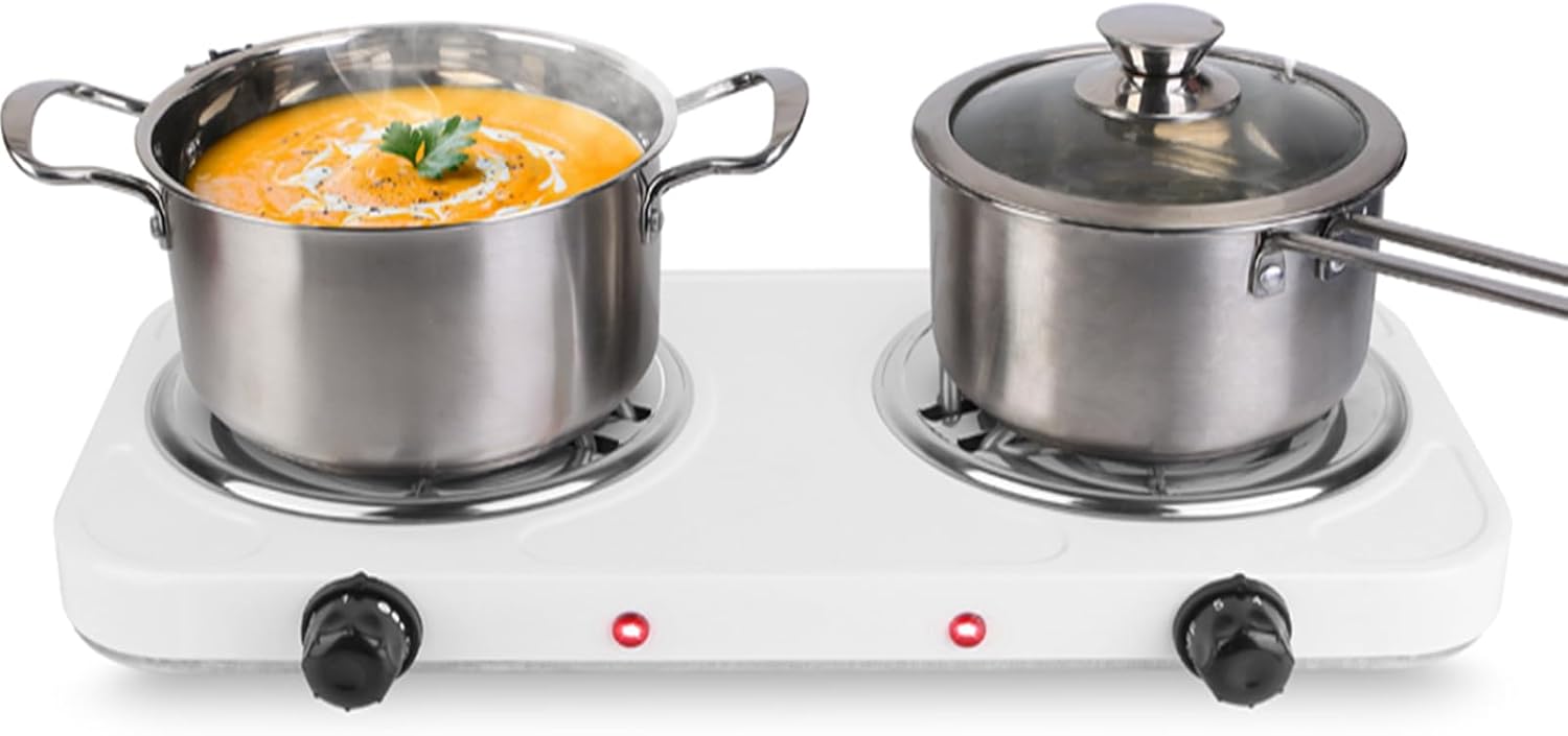 Estufa Eléctrica de 2 Puestos, 2000W, 120V, Portátil, Blanca