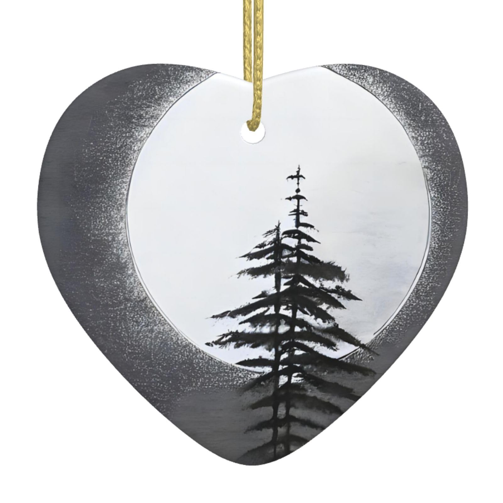 Moon Pine Tree Ceramic Christmas Heart Pendant with Silk Thread, Christmas Tree Home Decoration