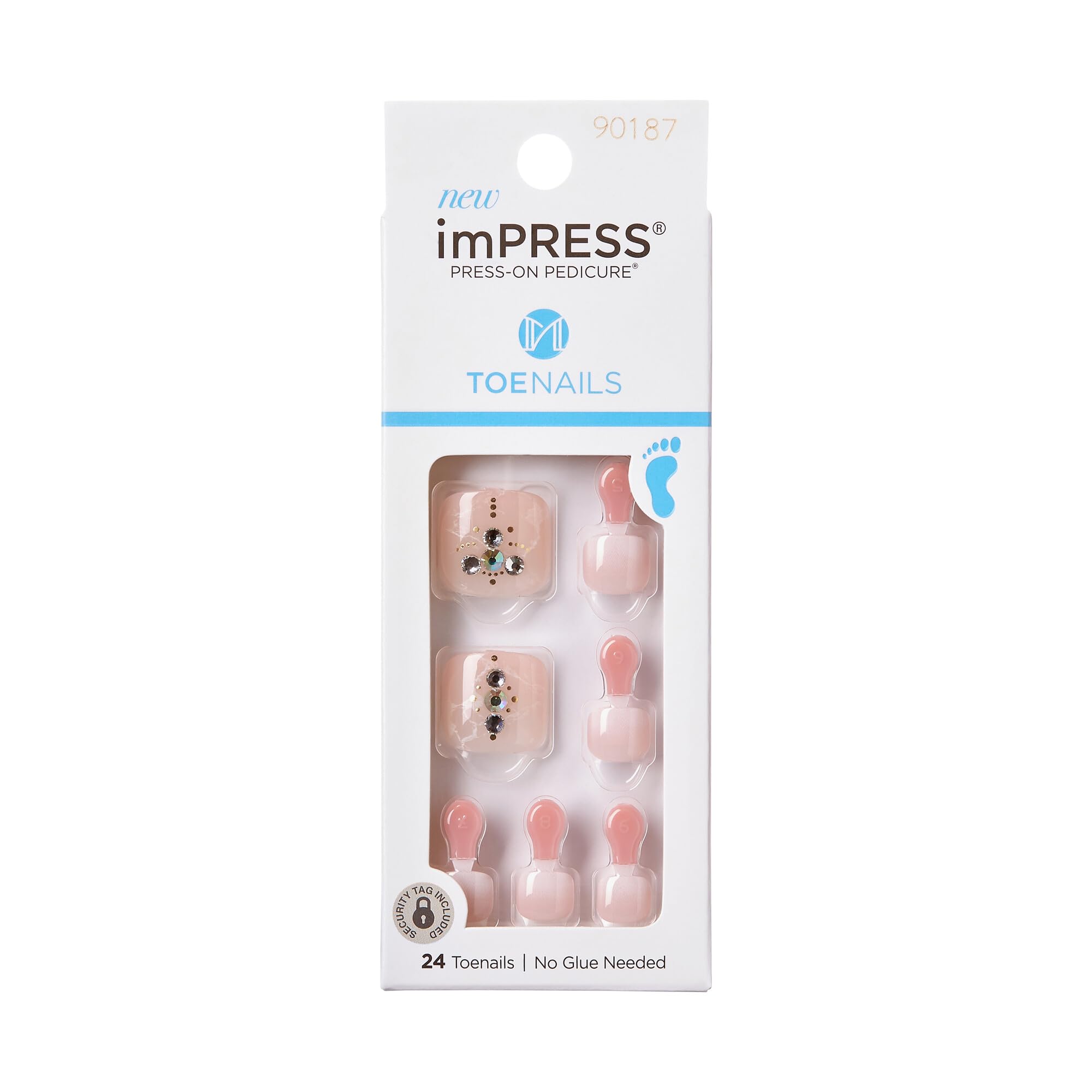 KISS imPRESS No Glue Pedi Press-On Toenails, Light Pink Nails with Rhinestone, Pink Marble, Squoval Shape, Includes 24 Nails, Prep Pad, 1 Manicure Stick, 1 Mini File