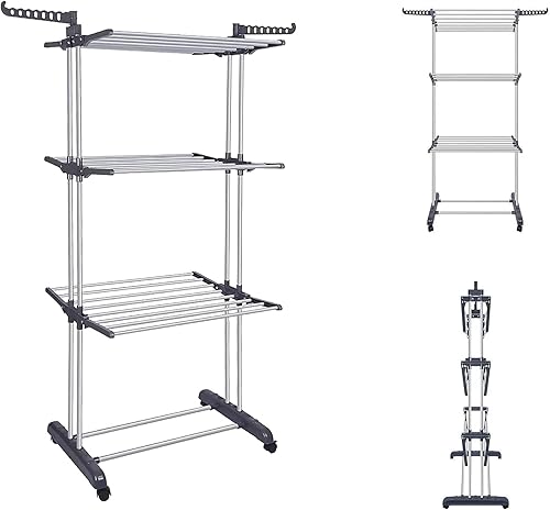 Miniatura 9 de Tendedero plegable de 3 niveles con ruedas, capacidad de 77 libras, color gris