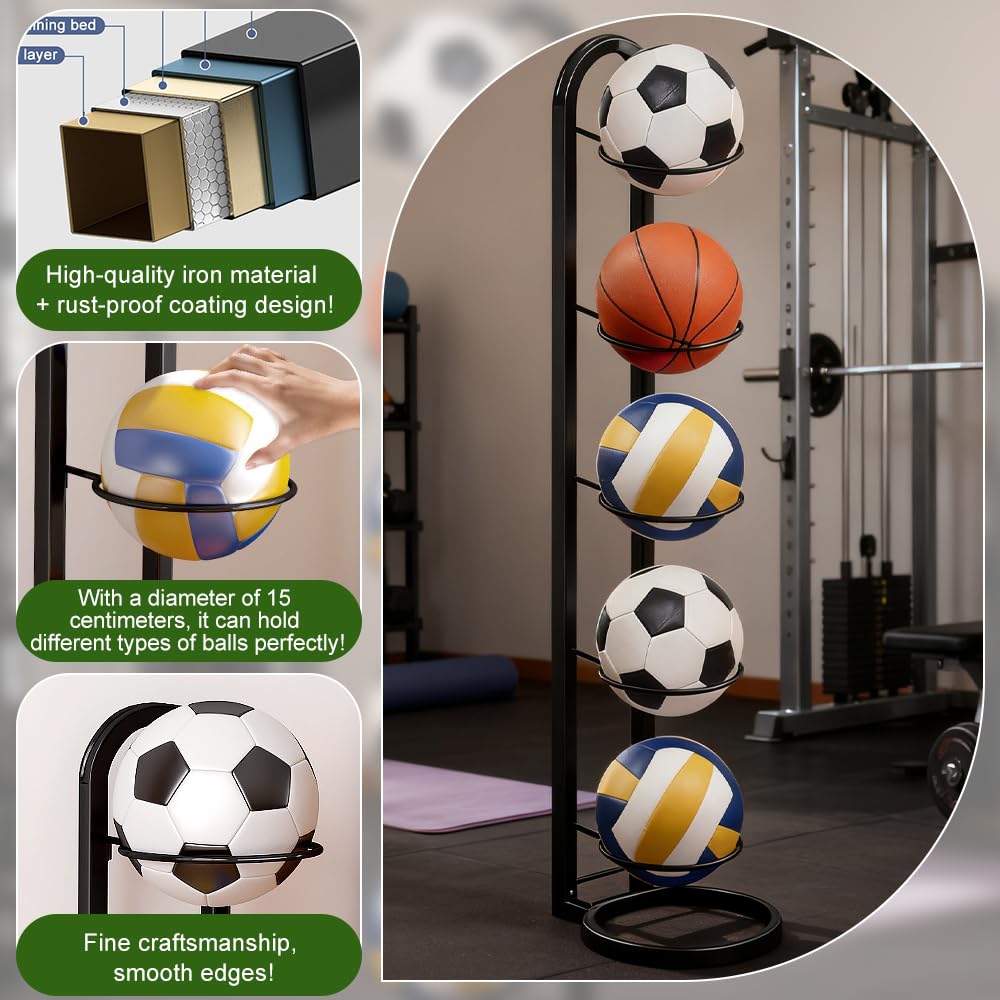 Rangement Ballon 5 Niveaux, Porte Ballon sur Pieds Métal 115.5 × 23.5 cm, Noir