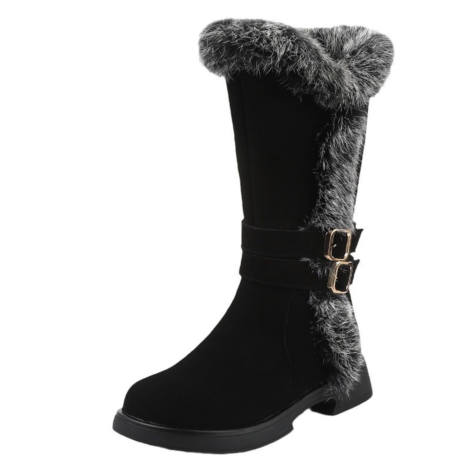 WYUETRA Women's Suede Metal Buckle Winter Chunky Low Heel Mid-Calf Boots Fashion Comfortable Round toe Warm Furry Side Zipper Soft Sole Mid-Calf Snow