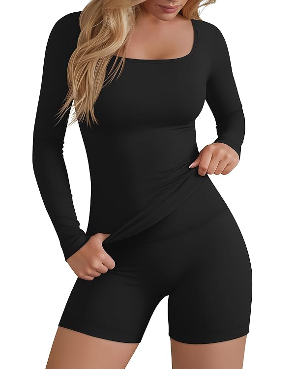 Sweetyweee Women Workout Yoga Set 2 Piece Square Neck Long Sleeve Top High Waist Biker Short Sport Gym Exercise Running Wear(Black,X-Large) by Sweetyweee - Used condition - US$15.09