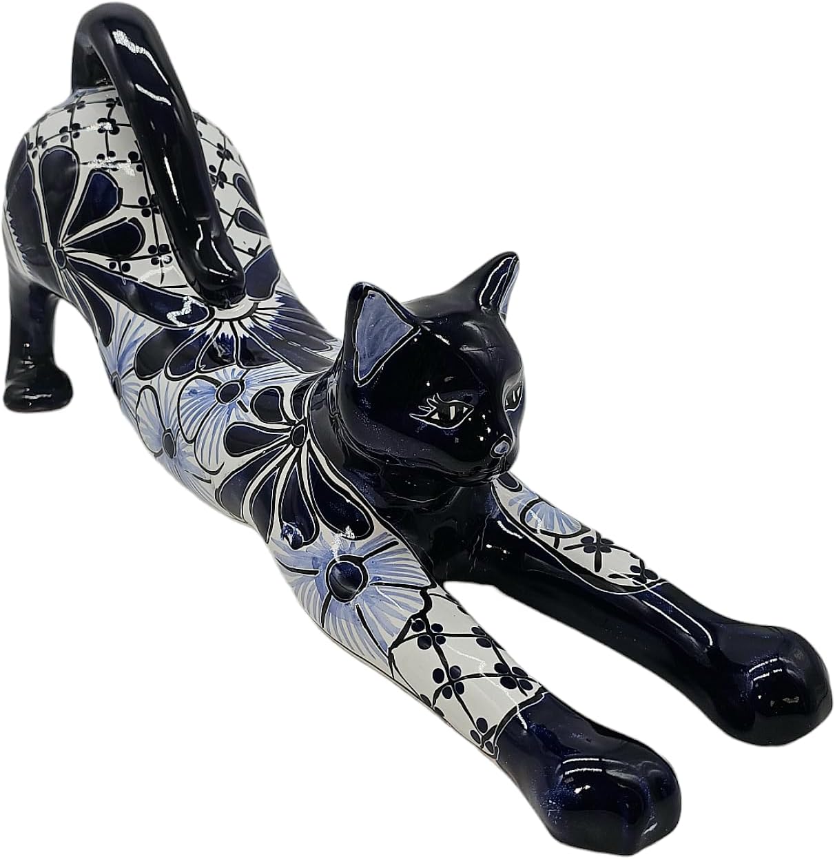 Flo The Cat Hand Painted Kitty Stretching Indoor Outdoor Multi Colored Glazed Blue and White
