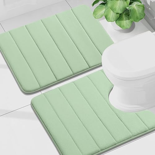 Miniatura 33 de Buganda Juego de 2 tapetes de baño de espuma viscoelástica y tapete para inodoro en forma de U, lavable a máquina, suave, antideslizante, Negro