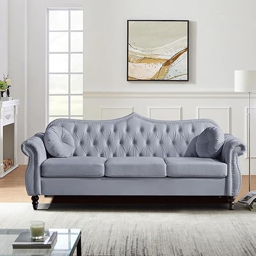 Sofá Chesterfield de 3 plazas de terciopelo para sala de estar, moderno sofá de terciopelo copetudo de 3 plazas con brazos de desplazamiento y