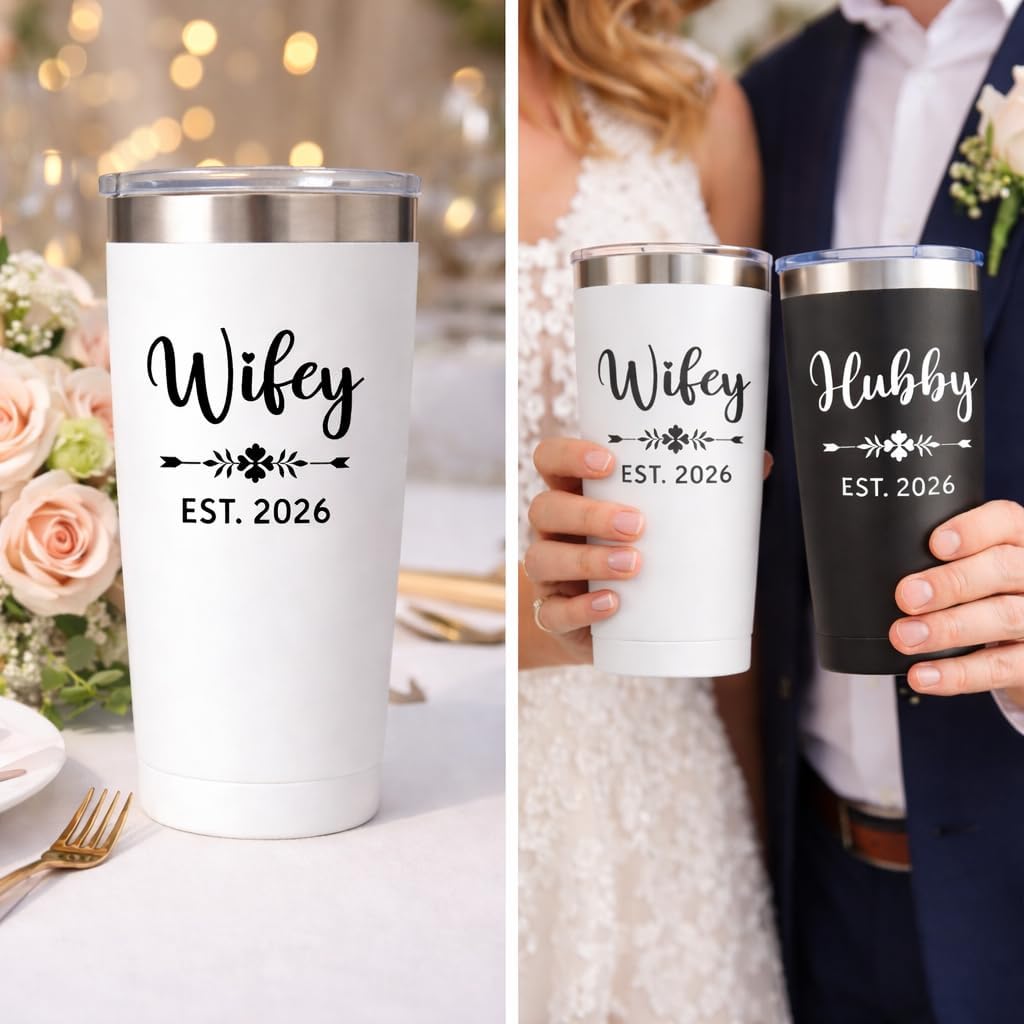 Mr and Mrs 2026 Tumbler Set of 2 - Wifey and Hubby EST 2026 Wedding Gifts for Couples - 20oz Vacuum Insulated Stainless Steel Travel Mug for Bride and Groom - Engagement, Anniversary, Honeymoon Gift
