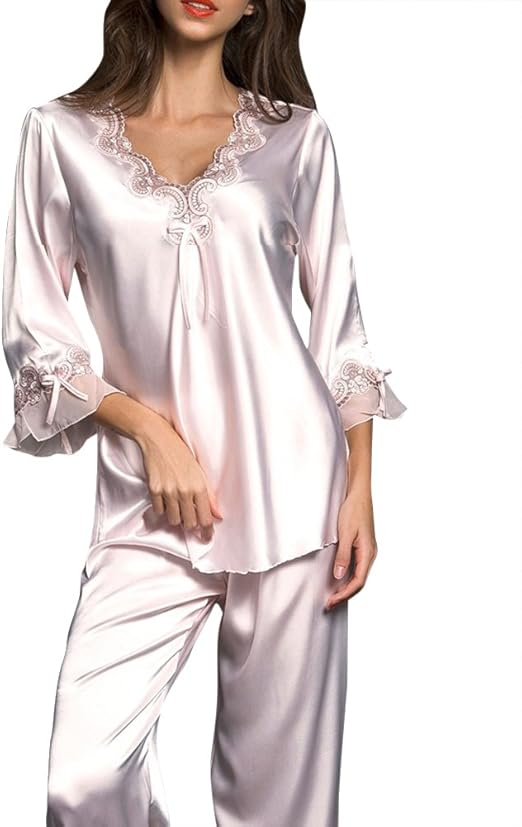 ZhuiKunA Women's VNeck Pyjama Set, Long Sleeve Sleepwear, Casual