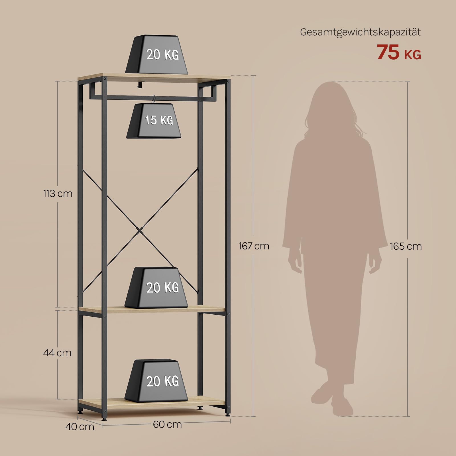 WOLTU Wieszak na ubrania, regał wiszący, drążek na ubrania z regałem na buty, do sypialni, stojak garderobę, metalowy i drewno, czarny + jasny dąb, ok. 60 x 40 x 167 cm