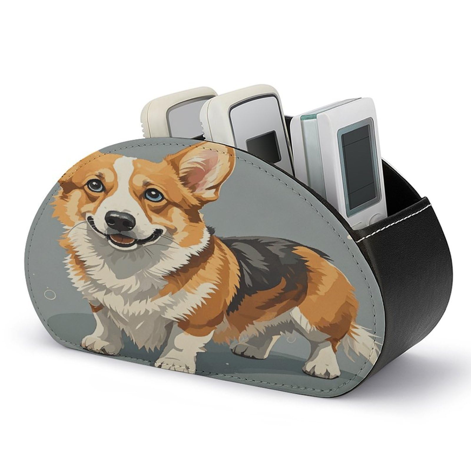 Corgi Pattern Corgi Pattern TV Remote Control Holder with 5 Compartments Multi-functional Leather Bedside Table Remote Caddy Desktop Storage Box for Store Pen Controller Media Player Cosmetic