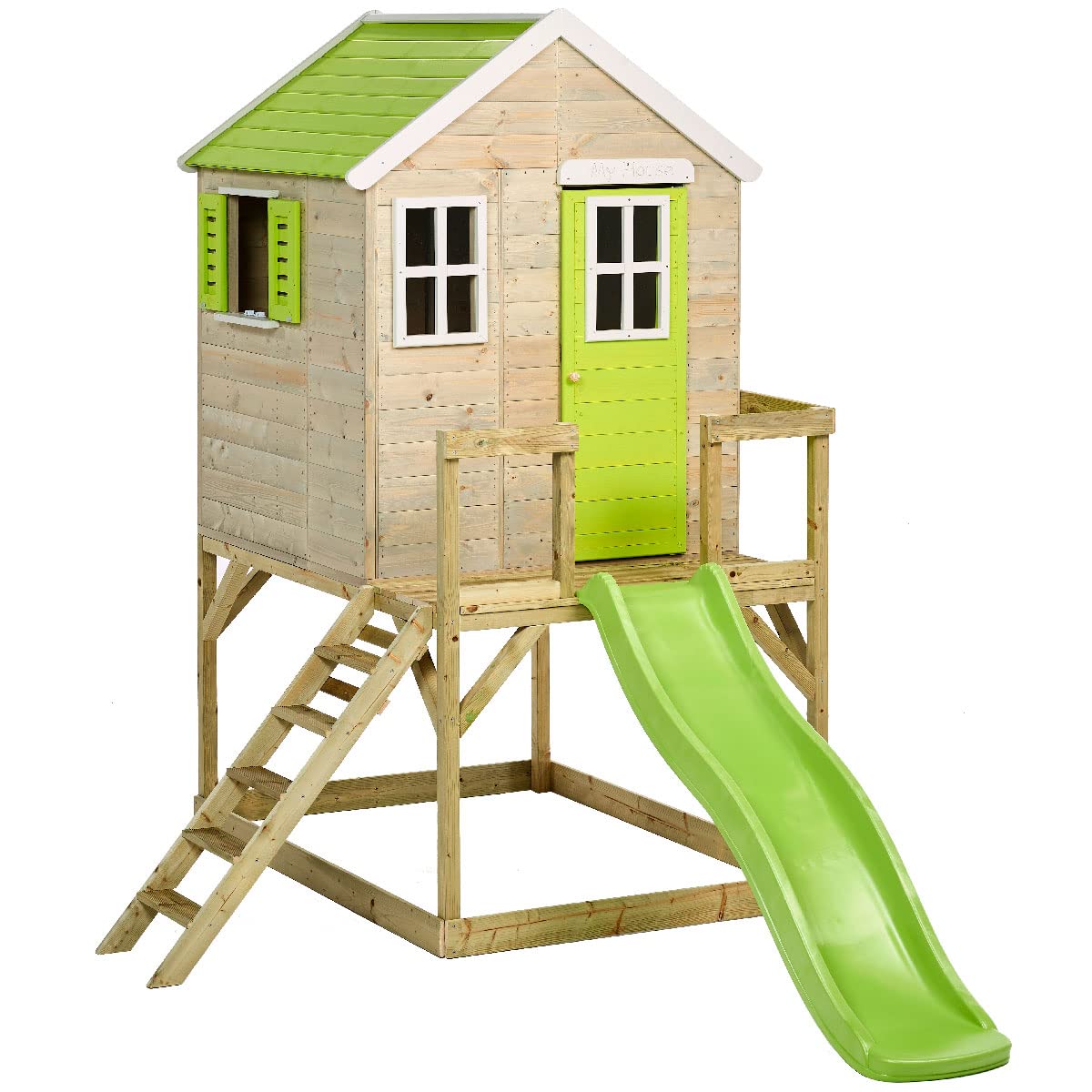 Kangui - Outdoor children's garden house - Wooden hut with platform and slide - Waterproof roof - Green and White